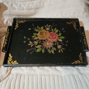 Vtg Black Gold Cabbage Roses LARGE Wooden Hand Painted Tray HTF